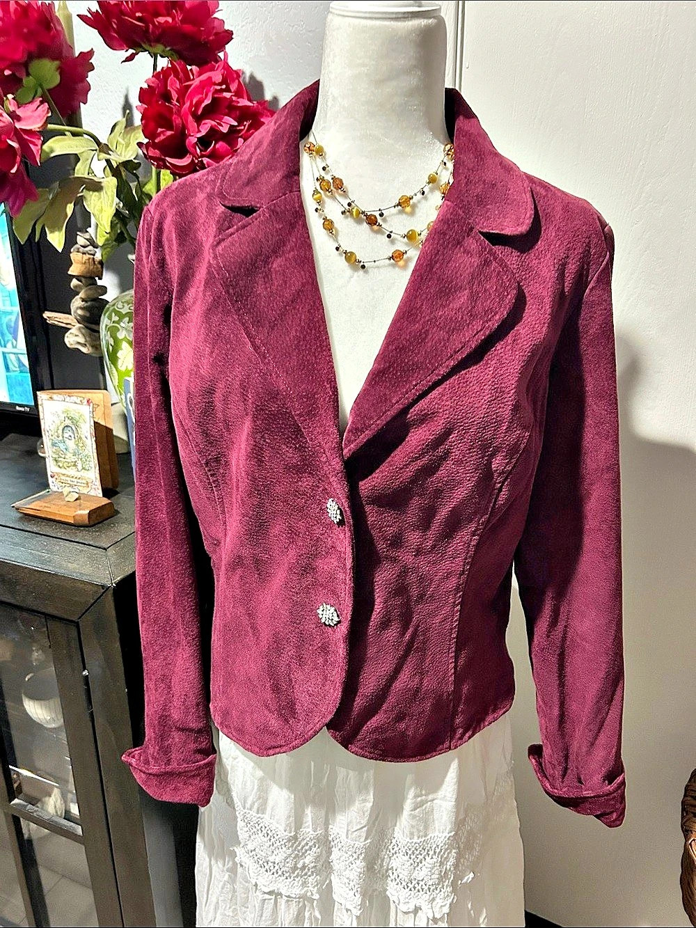 Live a Little mulberry suede Blazer with jeweled snap buttons.